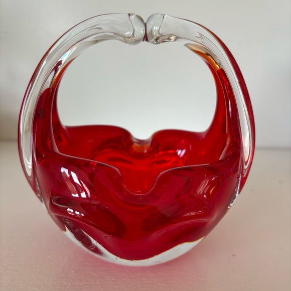 Murano Art Glass Hand Blown Sommerso Basket Joined Handles Submerged Ruby Red - Picture 5 of 8